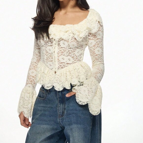 Apricot Casual Women's Sheer Lace Square Neck Peplum Top - Picture 1 of 5